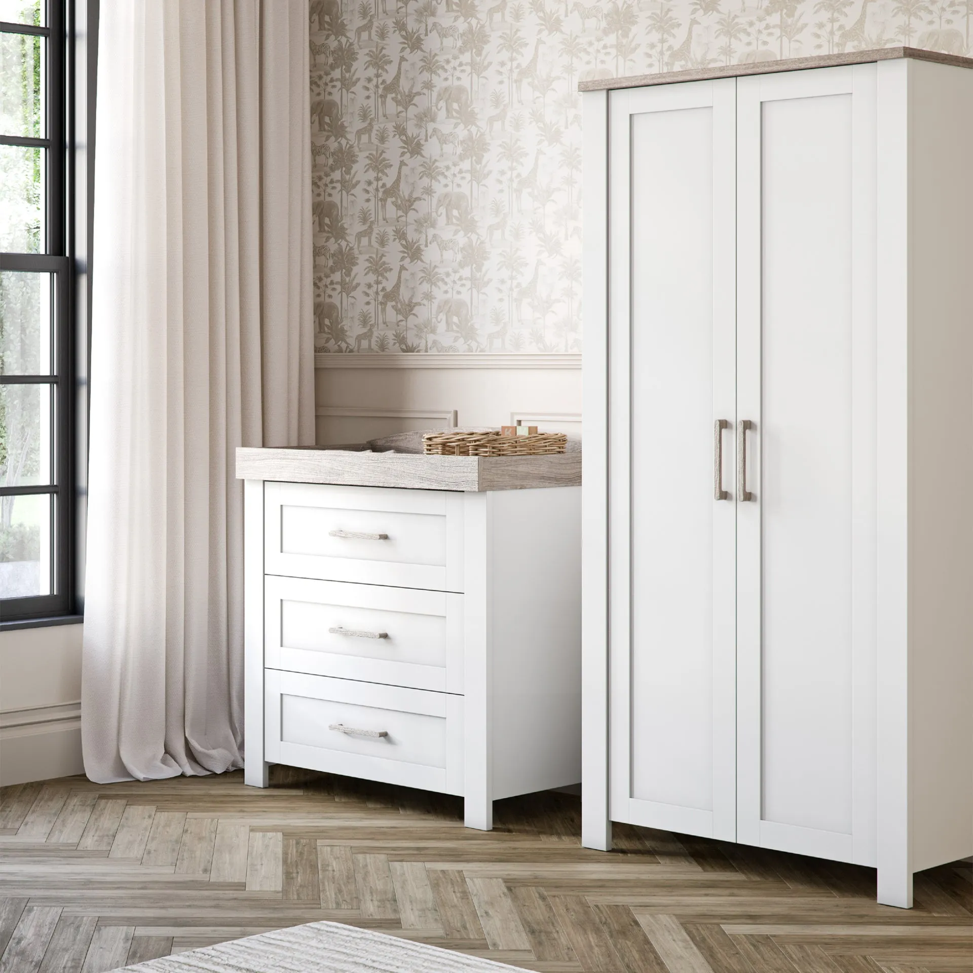 Silver Cross Valencia 4 Piece Nursery Furniture Set with Cot Bed, Dresser, Wardrobe and Carmel Rocking Chair