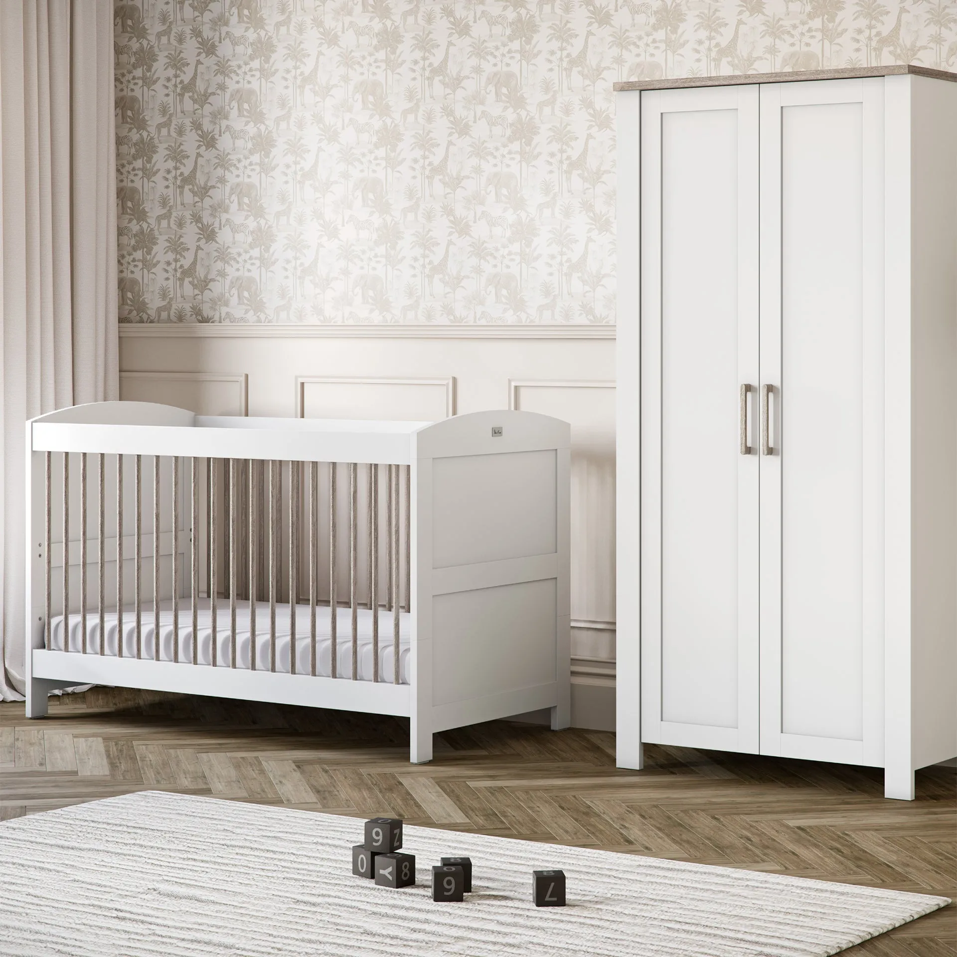 Silver Cross Valencia 5 Piece Nursery Furniture Set with Cot Bed, Dresser, Wardrobe, Carmel Rocking Chair and TrueFit Eco Fibre Mattress