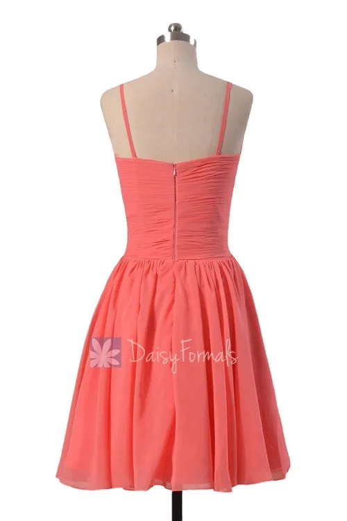 Soft Chiffon Bridesmaid Dress Short Coral Formal Dress W/Spaghetti Straps(BM8515)