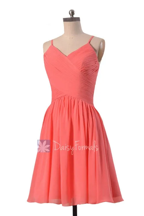 Soft Chiffon Bridesmaid Dress Short Coral Formal Dress W/Spaghetti Straps(BM8515)