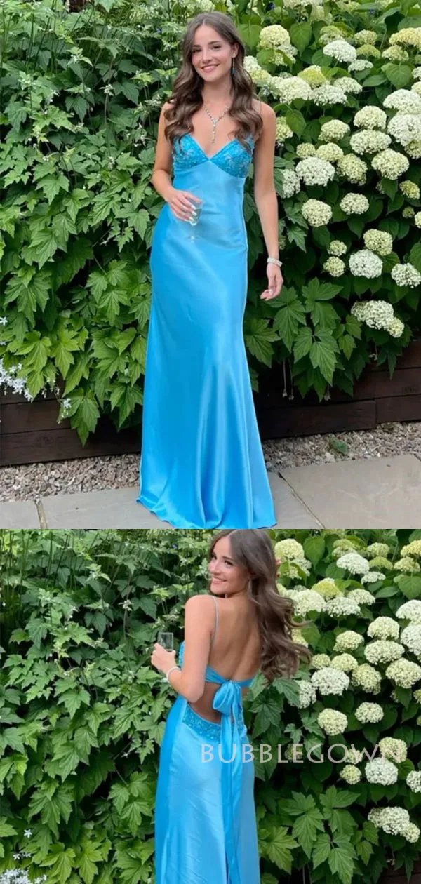 Spaghetti Straps Blue Satin Mermaid Long Prom Dresses, BGS0503