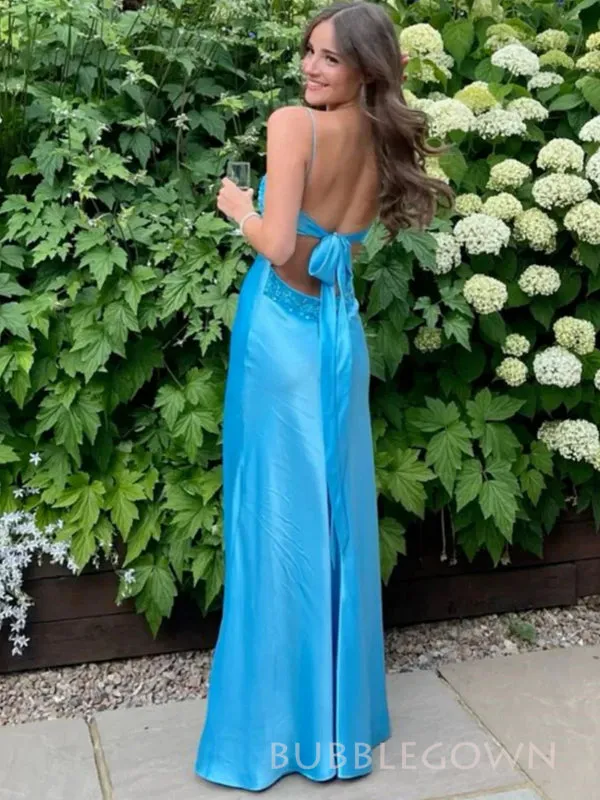 Spaghetti Straps Blue Satin Mermaid Long Prom Dresses, BGS0503