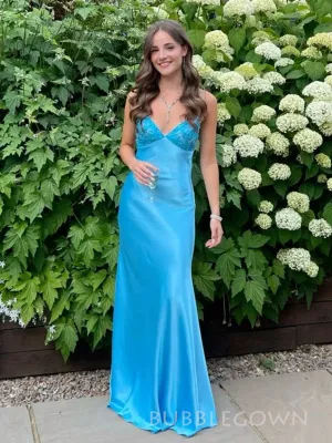 Spaghetti Straps Blue Satin Mermaid Long Prom Dresses, BGS0503