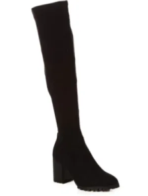 Suede Stacked Heel Tread Sole Thigh High Boot