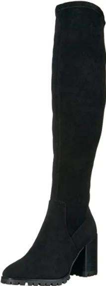 Suede Stacked Heel Tread Sole Thigh High Boot