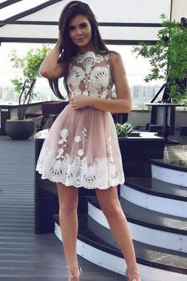 Tulle Sleeveless  Short Prom Dress,Lace Up Appliques Homecoming Dress SH132