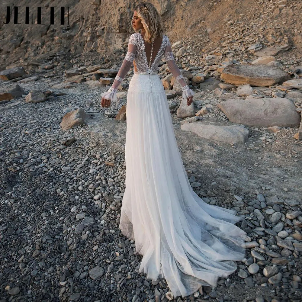 Wedding Guest Dresses: A-Line Lace Bridal Gowns Charming V-Neck Backless