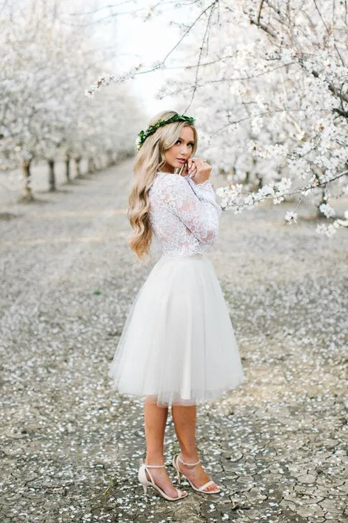White Tulle Long Sleeve Lace Two Pieces Short Homecoming Dresses Online, SH398