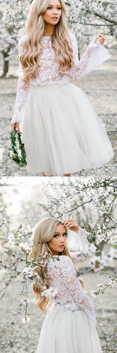 White Tulle Long Sleeve Lace Two Pieces Short Homecoming Dresses Online, SH398