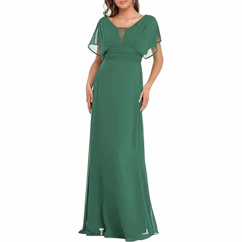 Women Chiffon Bridesmaid Dress Puff Sleeves Long Prom Dress