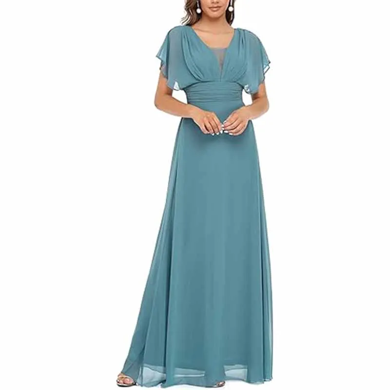 Women Chiffon Bridesmaid Dress Puff Sleeves Long Prom Dress