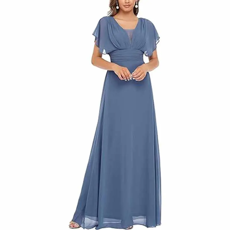 Women Chiffon Bridesmaid Dress Puff Sleeves Long Prom Dress