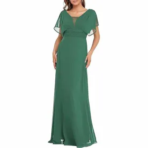 Women Chiffon Bridesmaid Dress Puff Sleeves Long Prom Dress