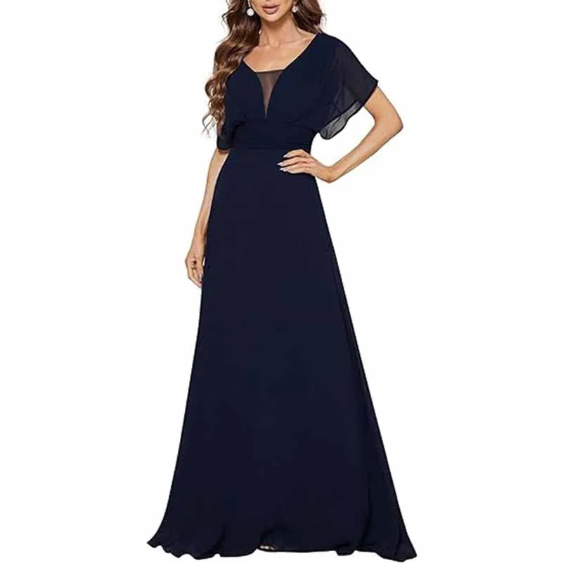 Women Chiffon Bridesmaid Dress Puff Sleeves Long Prom Dress