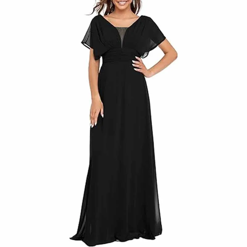 Women Chiffon Bridesmaid Dress Puff Sleeves Long Prom Dress