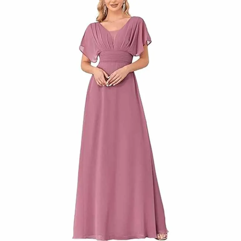Women Chiffon Bridesmaid Dress Puff Sleeves Long Prom Dress