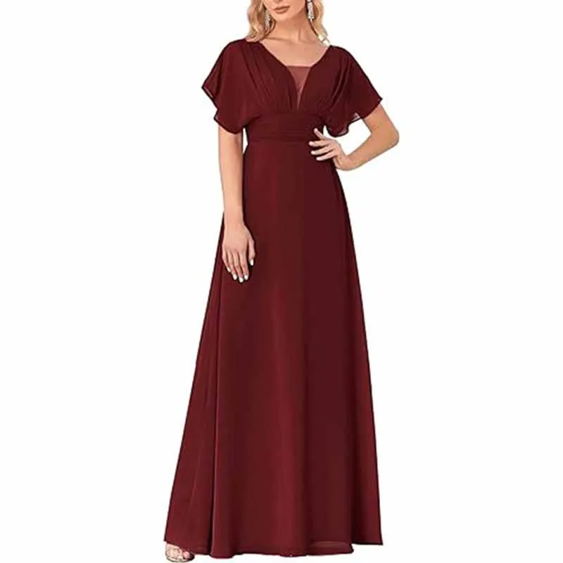 Women Chiffon Bridesmaid Dress Puff Sleeves Long Prom Dress