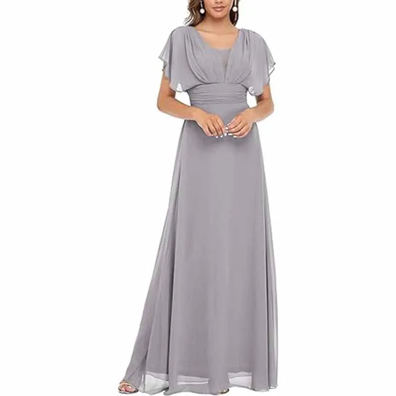 Women Chiffon Bridesmaid Dress Puff Sleeves Long Prom Dress