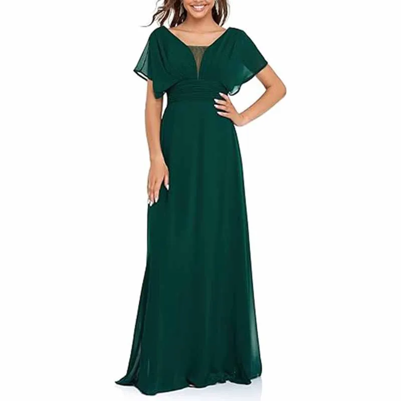 Women Chiffon Bridesmaid Dress Puff Sleeves Long Prom Dress
