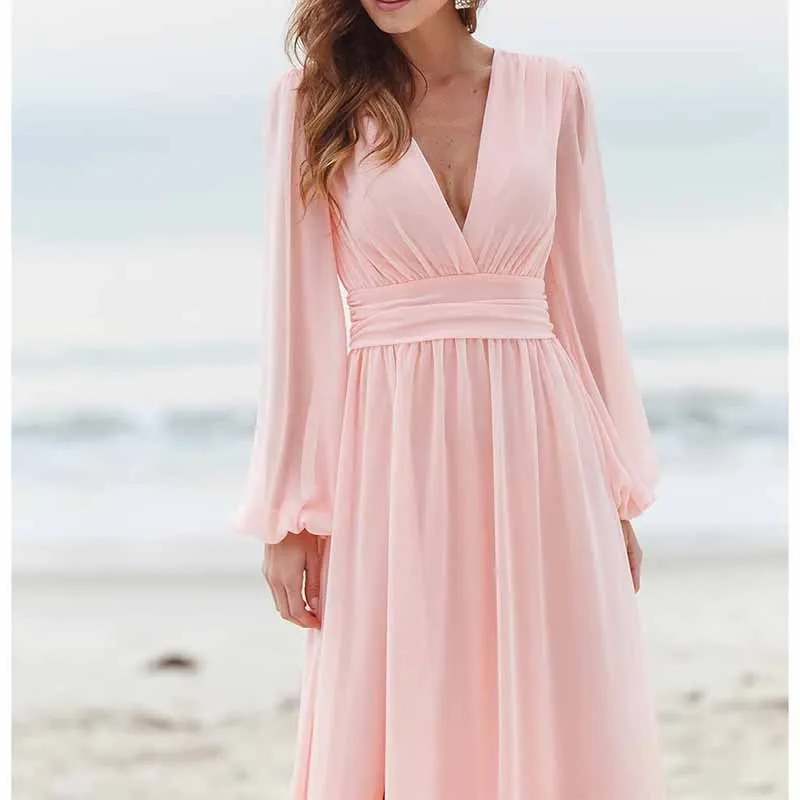 Women Long Sleeve Bridesmaid Dresses Slit Long Pleated Formal Evening Party Gown
