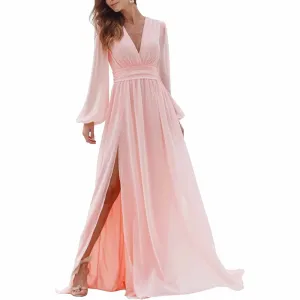 Women Long Sleeve Bridesmaid Dresses Slit Long Pleated Formal Evening Party Gown