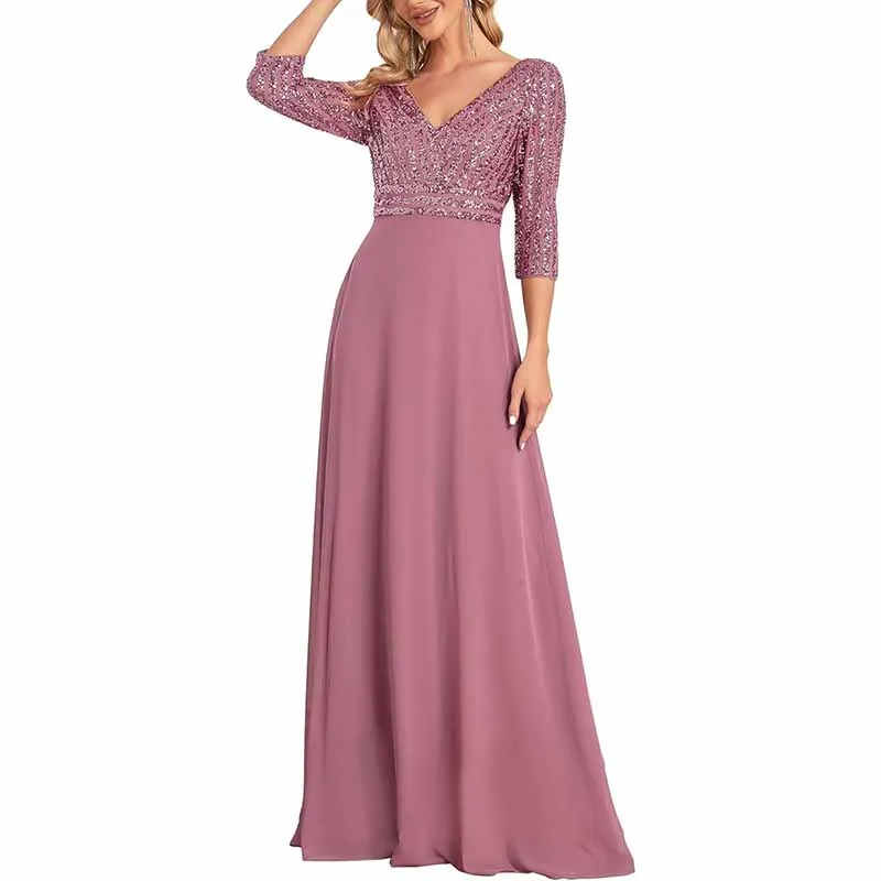 Women's 3/4 Sleeve Formal Dresses V Neck Evening Gowns