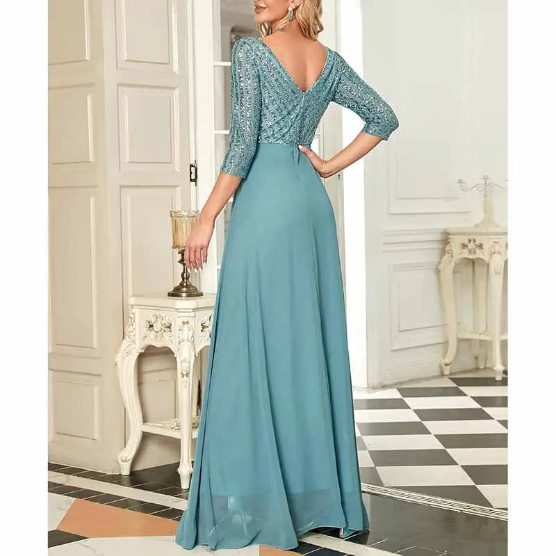 Women's 3/4 Sleeve Formal Dresses V Neck Evening Gowns