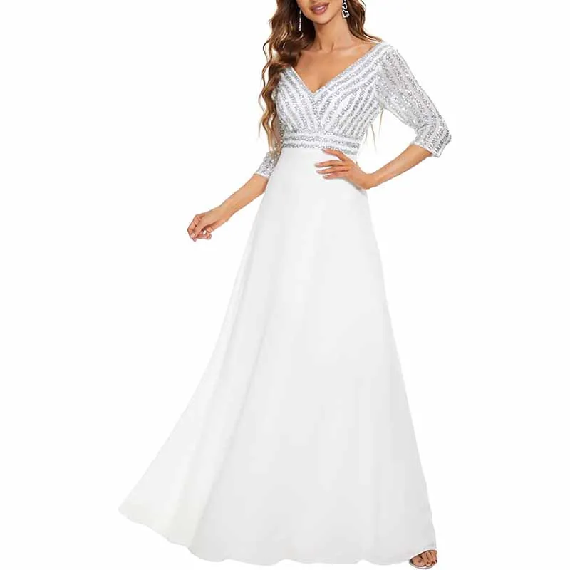 Women's 3/4 Sleeve Formal Dresses V Neck Evening Gowns