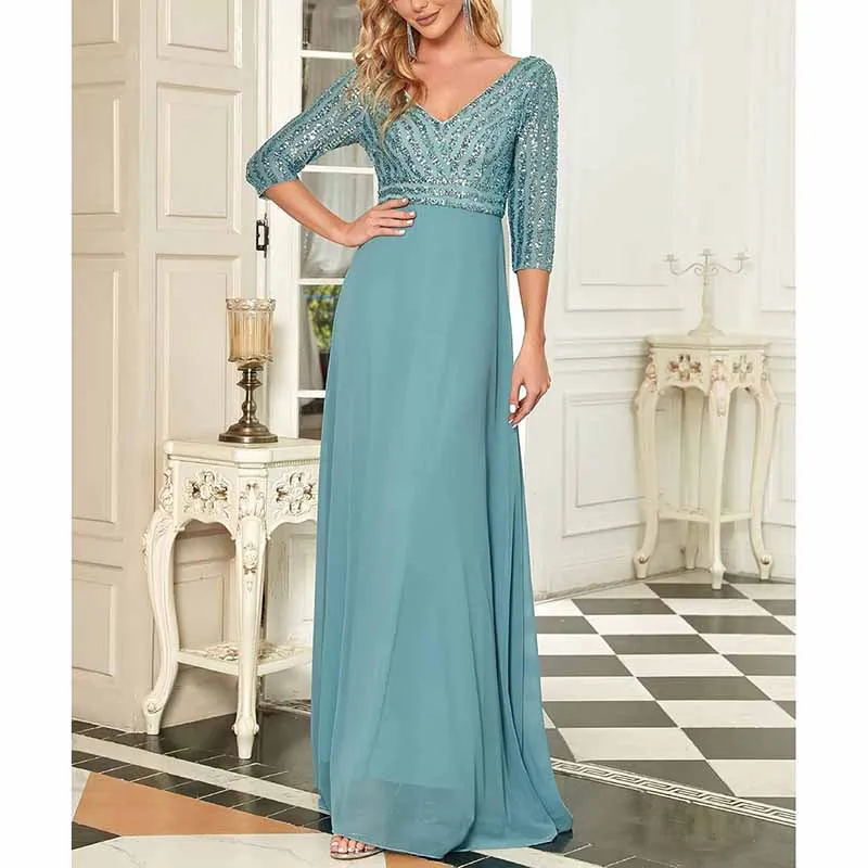 Women's 3/4 Sleeve Formal Dresses V Neck Evening Gowns