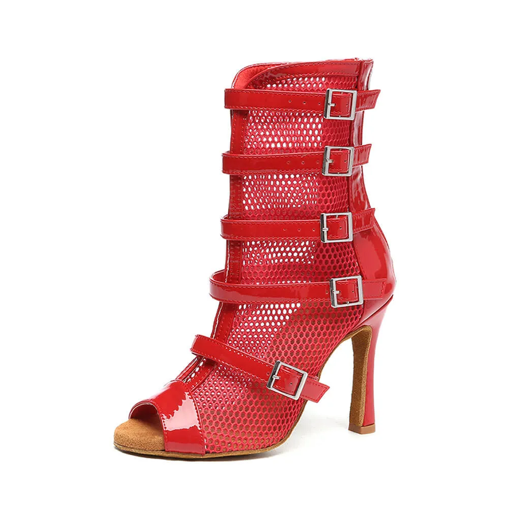 Women's Fishnet Dance Boots with Red Buckle Mesh