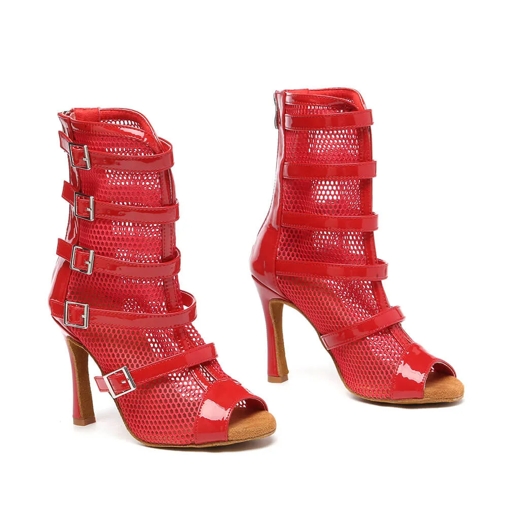 Women's Fishnet Dance Boots with Red Buckle Mesh
