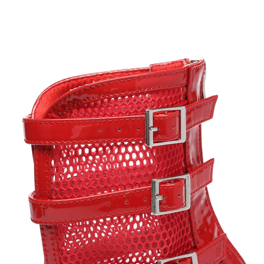Women's Fishnet Dance Boots with Red Buckle Mesh