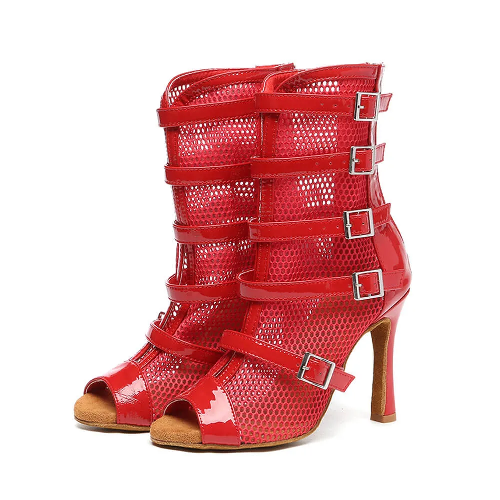 Women's Fishnet Dance Boots with Red Buckle Mesh