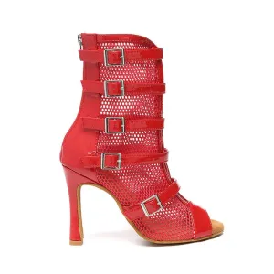 Women's Fishnet Dance Boots with Red Buckle Mesh