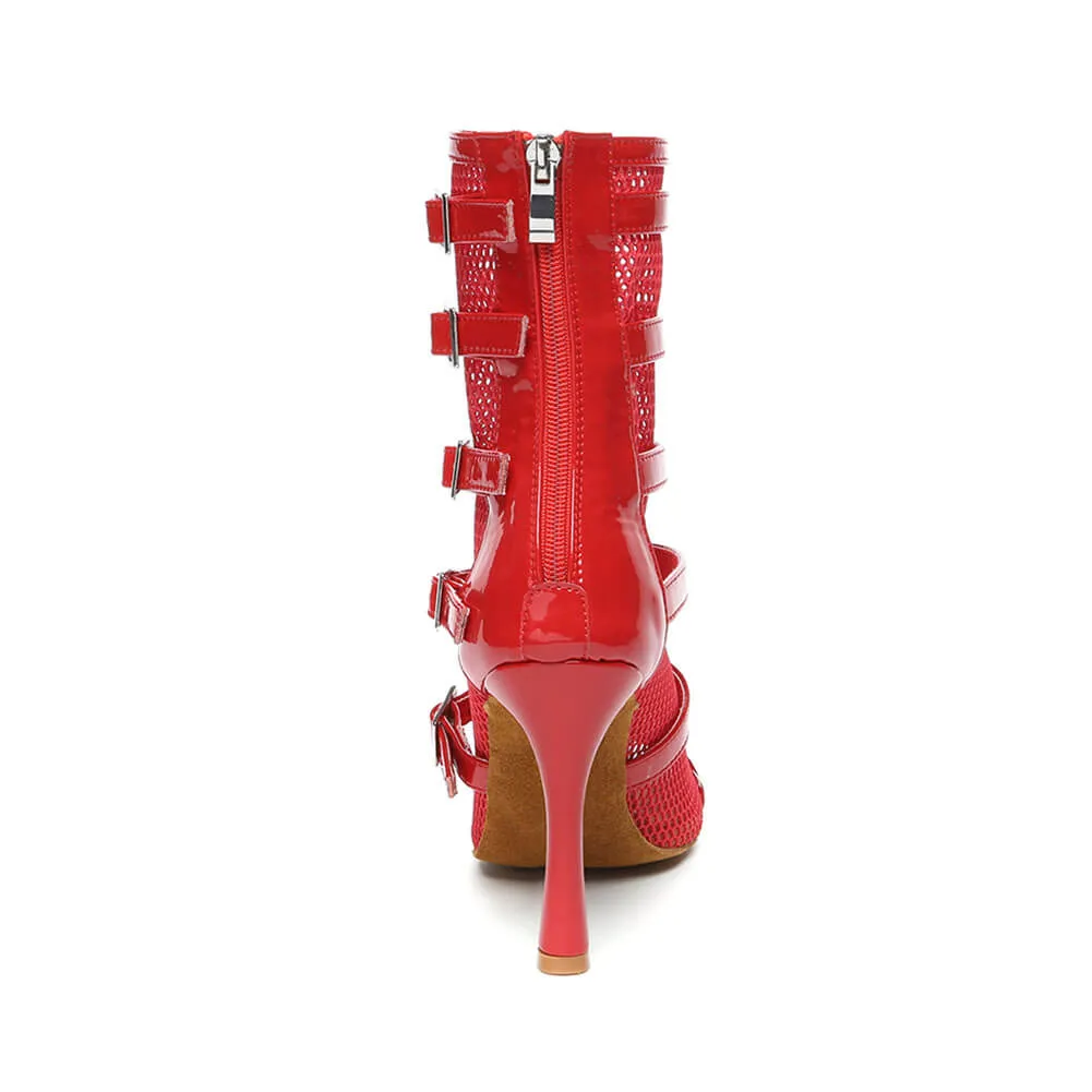 Women's Fishnet Dance Boots with Red Buckle Mesh