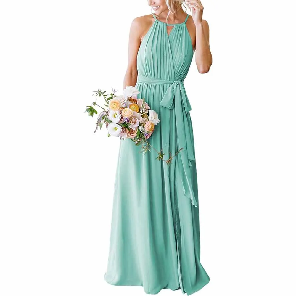 Women's Halter Chiffon Bridesmaid Dress Long A-Line Weddign Guest Dresses