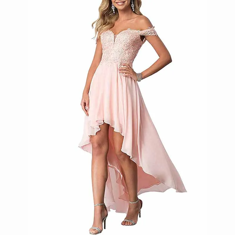 Women's Off The Shoulder Bridesmaid Dress Appliques High Low Evening Party Dress