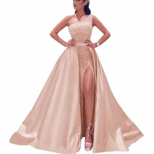 Women's Single Shoulder Prom Dresses Slit Satin Long Evening Formal Dress