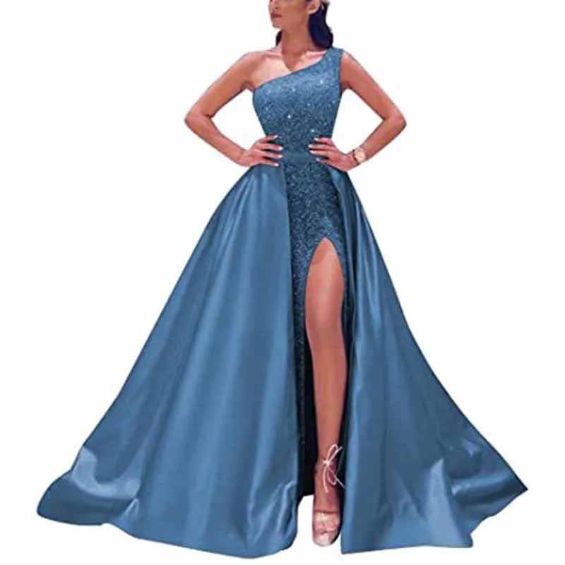 Women's Single Shoulder Prom Dresses Slit Satin Long Evening Formal Dress