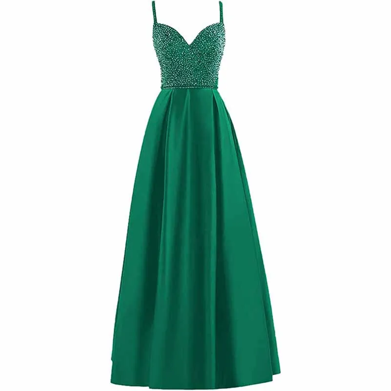 Women's Spaghetti Strap Backless Satin Prom Beads Cocktail Party Maxi Long Dress