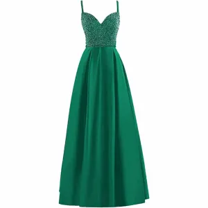 Women's Spaghetti Strap Backless Satin Prom Beads Cocktail Party Maxi Long Dress