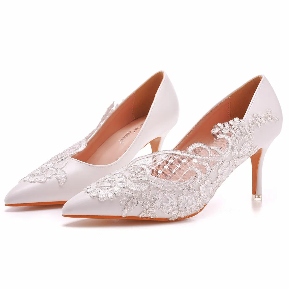 Women's Wedding Shoes White Lace Pointed Toe High Heels